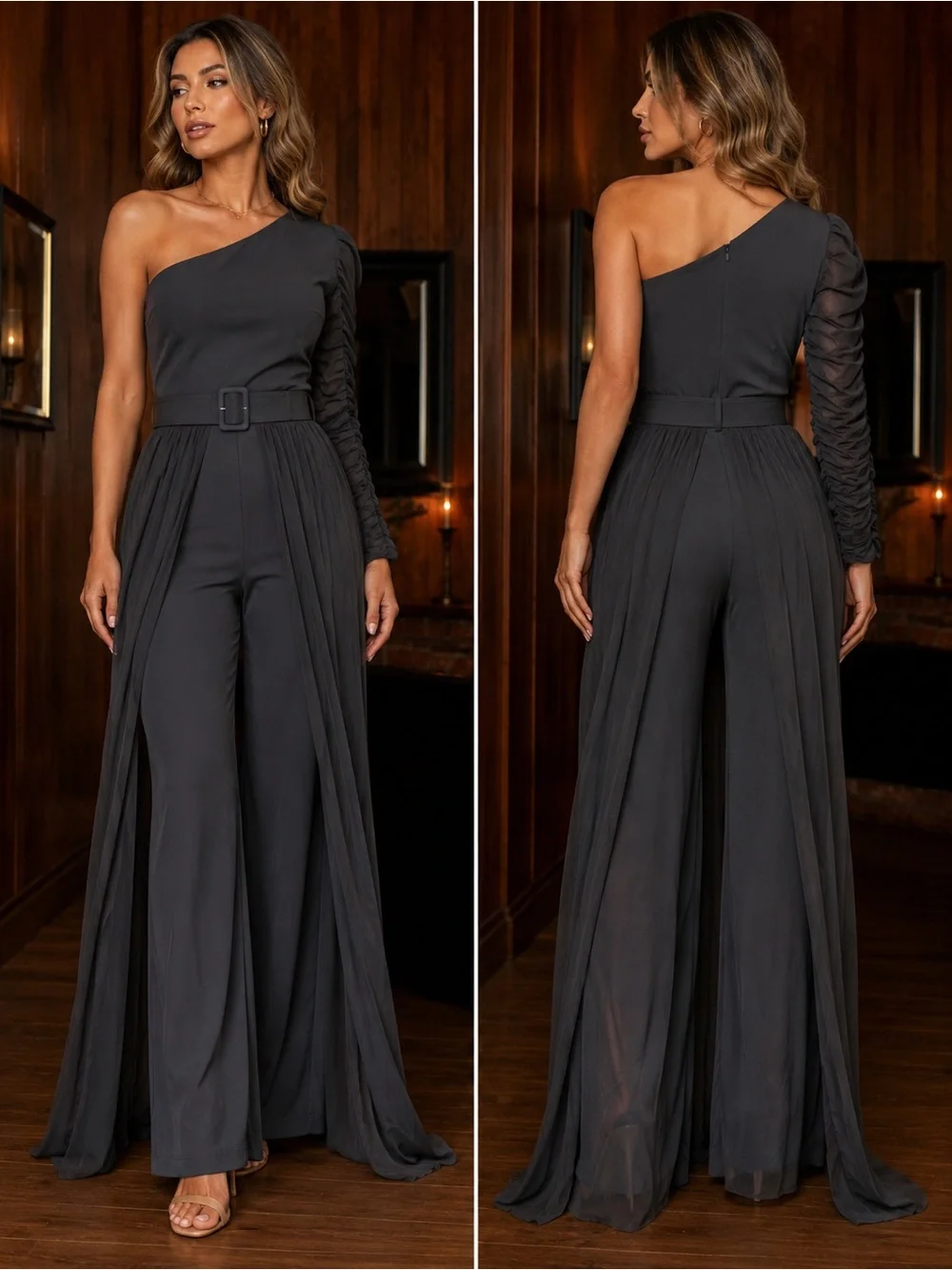 One-Shoulder Black Jumpsuit with Draped Overlay